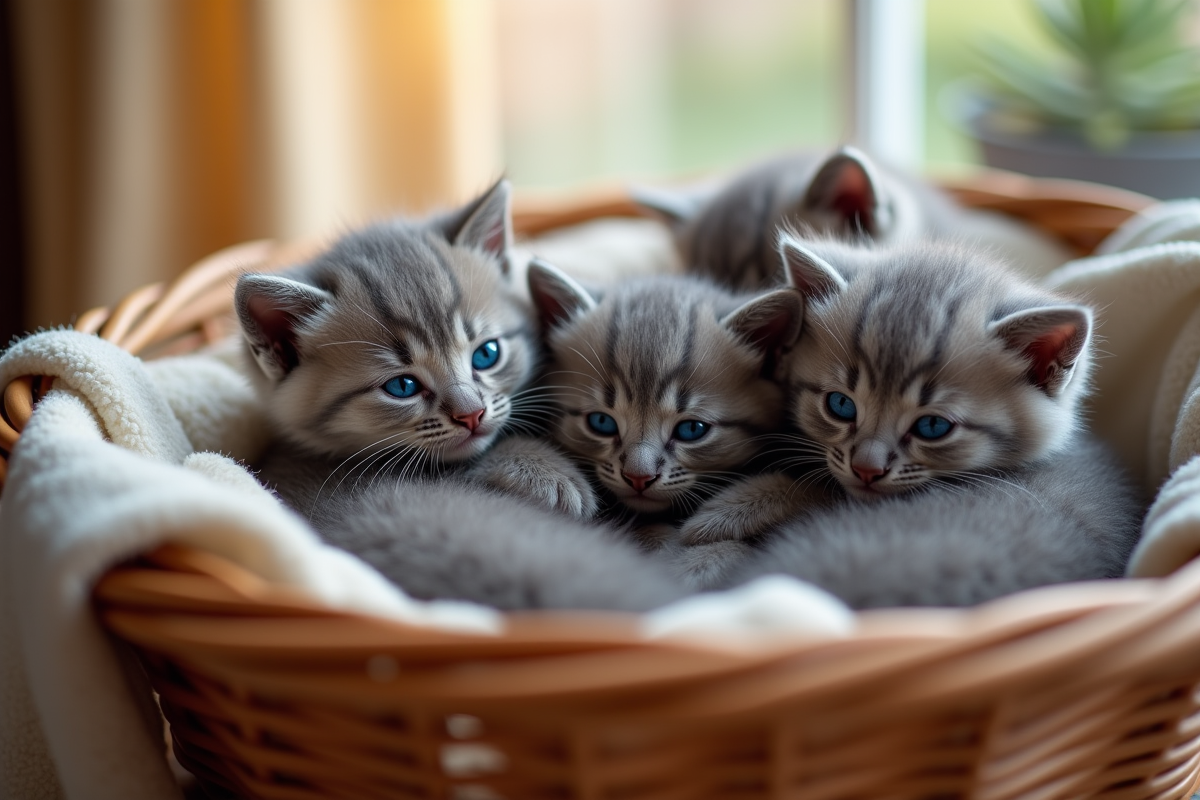 Groupe de chatons gris avec yeux bleus dans un panier cosy