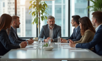 Groupe divers de salariés discutant autour d'une table moderne