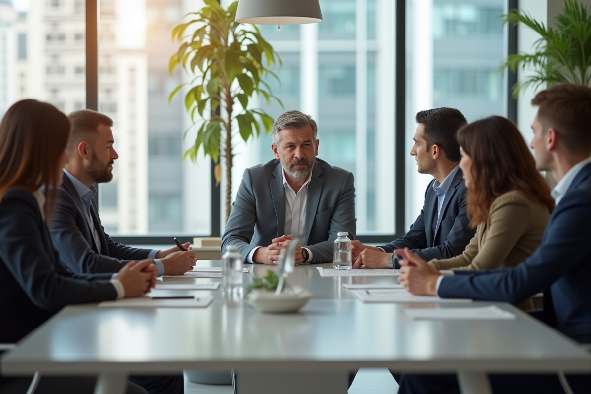 Groupe divers de salariés discutant autour d'une table moderne