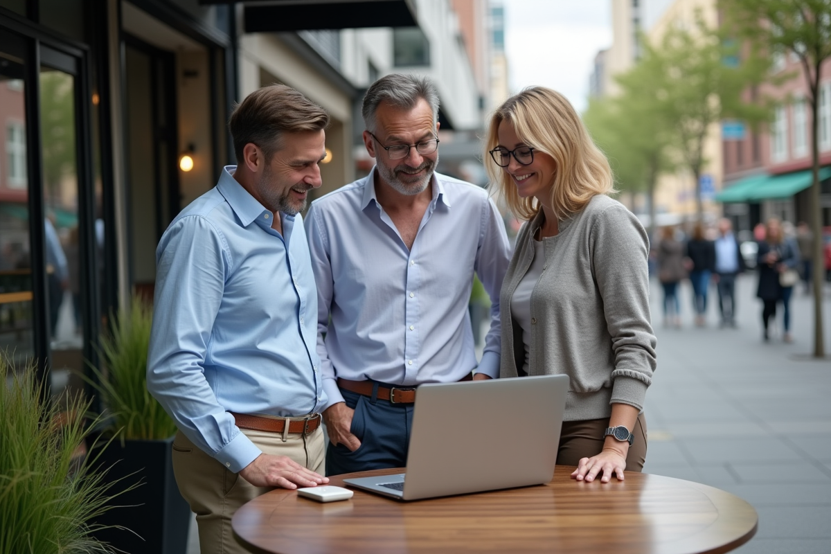 Groupe de collègues discutant de données financières en extérieur