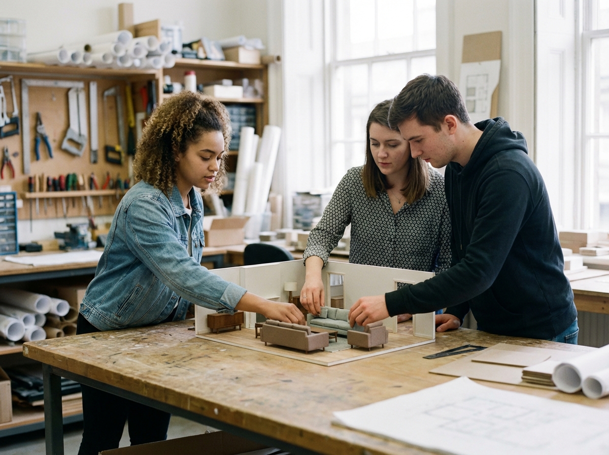 Trois étudiants travaillant sur un modèle de salon en atelier scolaire