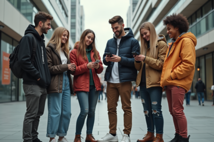 Groupe de jeunes adultes en style urbain dans une place moderne