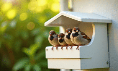 Petite groupe de moineaux sur une boîte à oiseaux moderne
