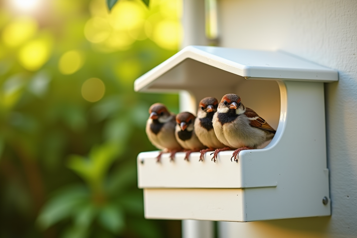 Petite groupe de moineaux sur une boîte à oiseaux moderne