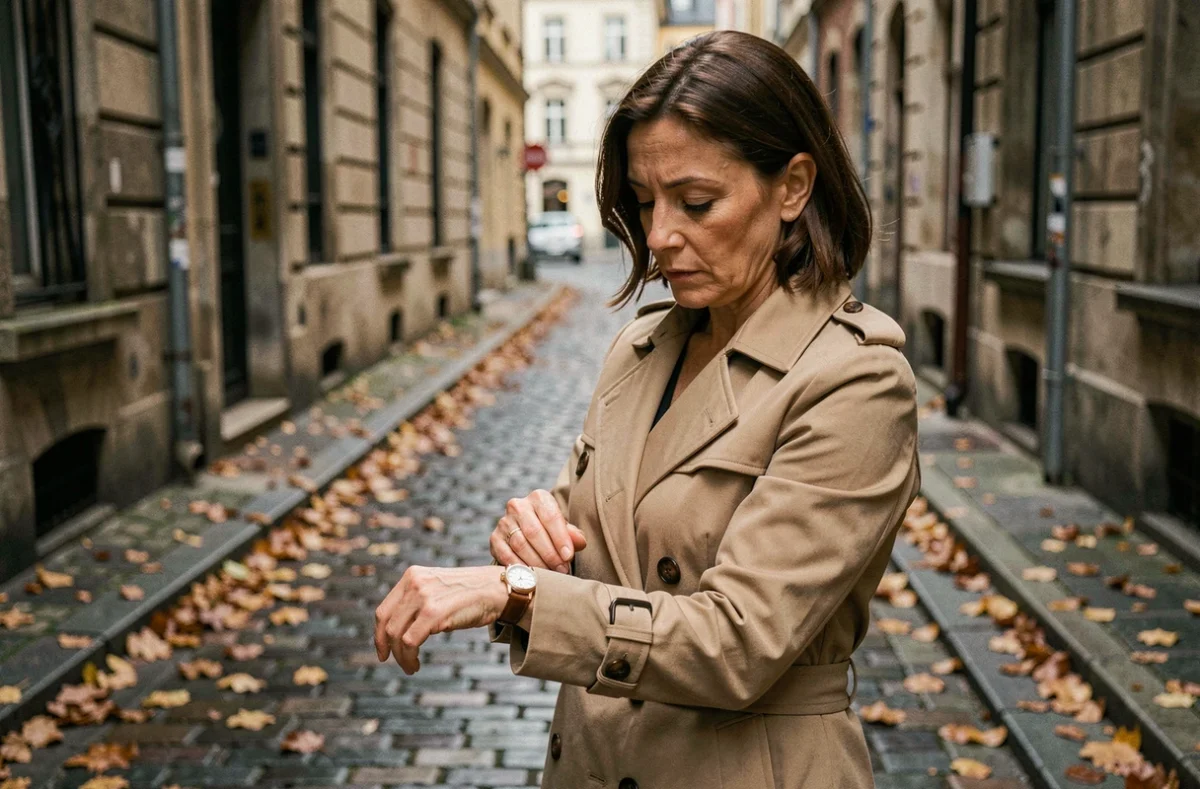 Femme en manteau beige regardant sa montre affichant 16h16 dans une ruelle pavée en automne