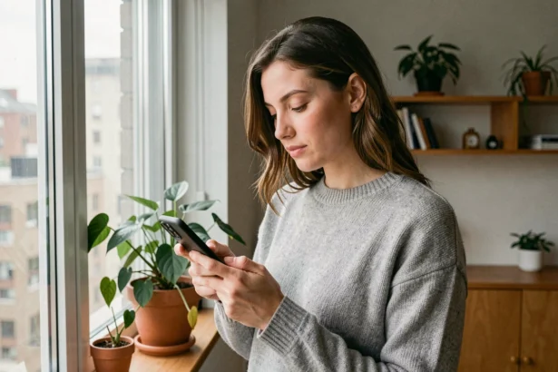 Jeune femme regardant son smartphone affichant 16h16, pensive près d'une fenêtre dans un appartement minimaliste