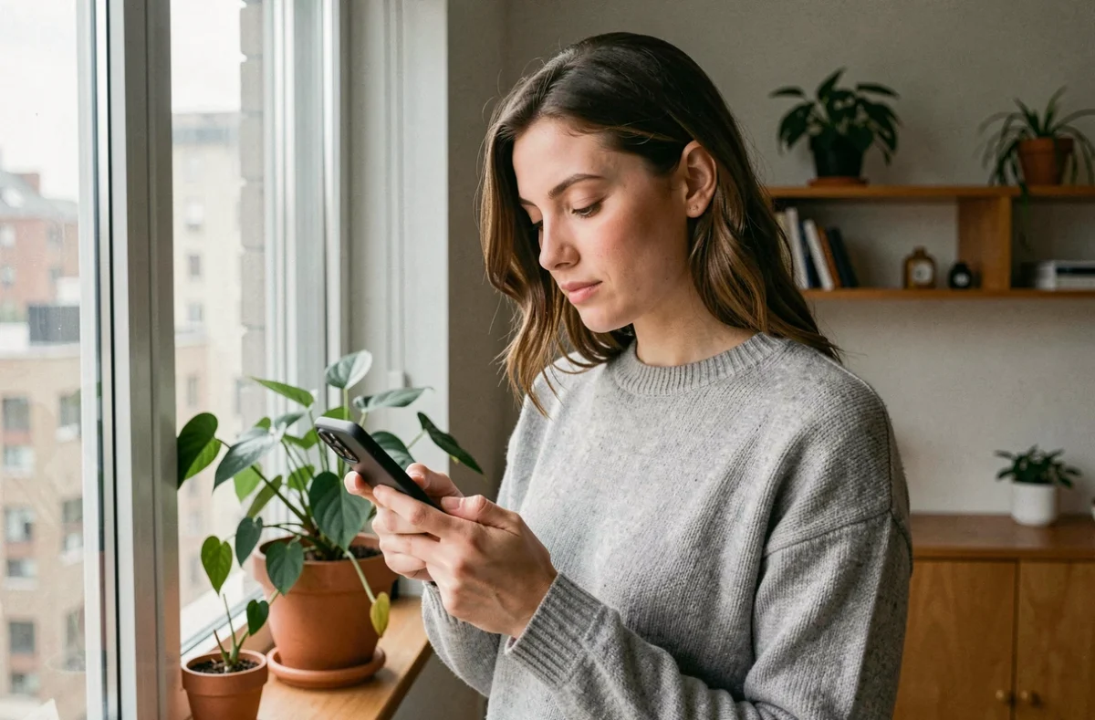 Jeune femme regardant son smartphone affichant 16h16, pensive près d'une fenêtre dans un appartement minimaliste