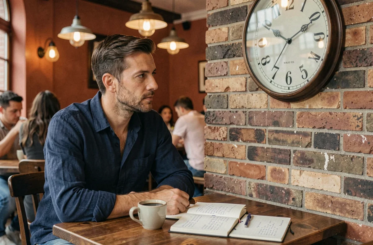 Homme dans un café remarquant une horloge murale indiquant 16h16 avec un carnet ouvert sur la table