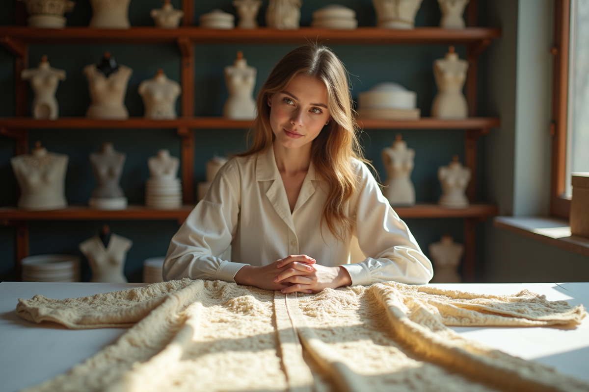 Jeune historienne examine une robe brodee dans un musee