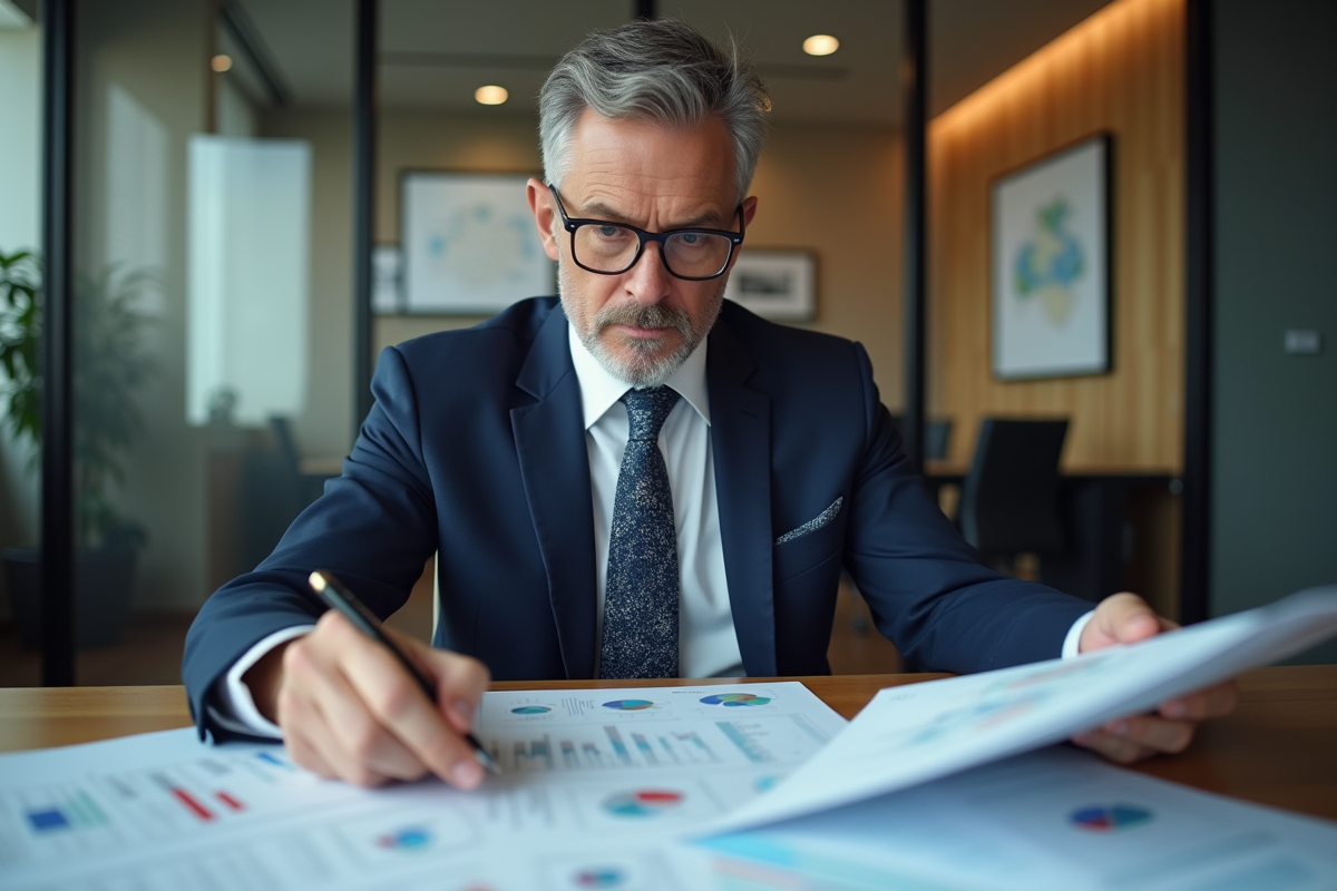 Homme d'affaires français en costume analysant des graphiques