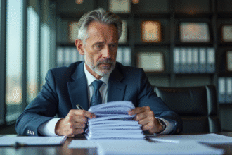 Homme d'affaires en costume bleu examinant des documents dans un bureau moderne