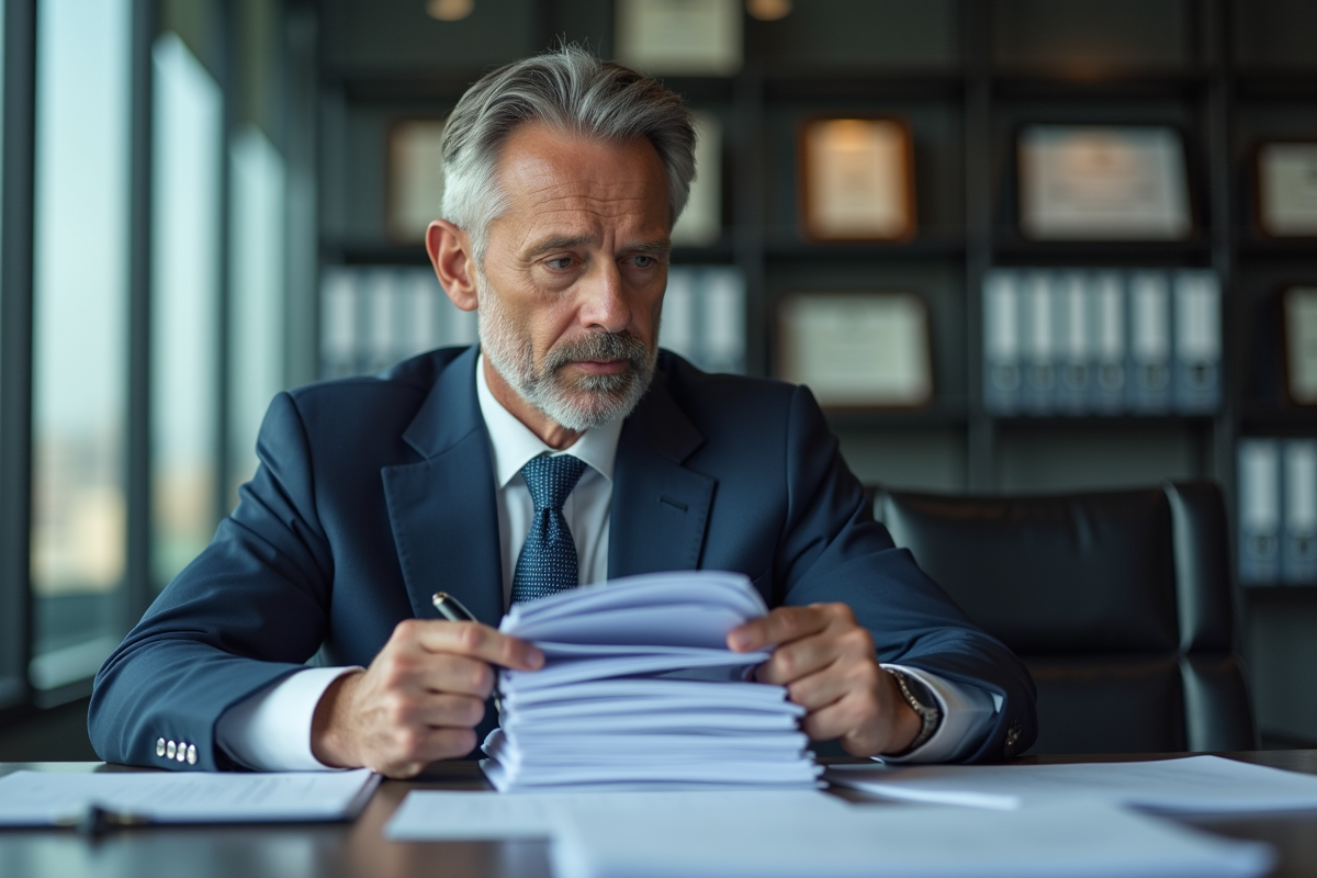 Homme d'affaires en costume bleu examinant des documents dans un bureau moderne