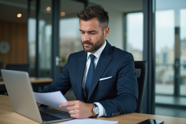 Homme d'affaires en costume navy dans un bureau professionnel