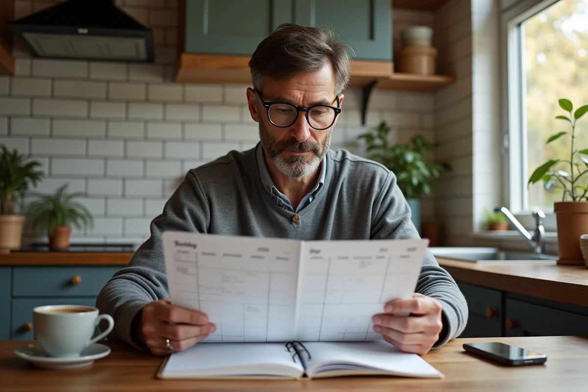 Homme consultant un agenda annuel imprimé avec numéros de semaines paires et impaires à la maison en 2026