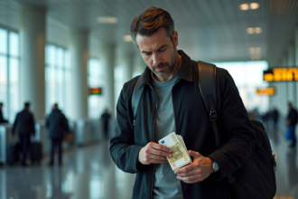 Homme plaçant des billets dans son sac à l'aéroport