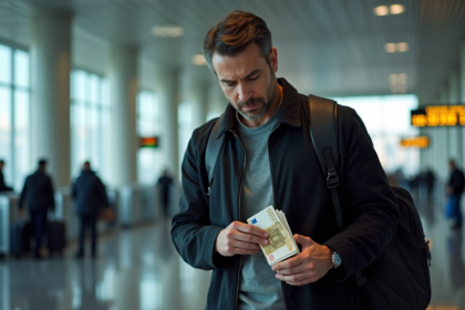Homme plaçant des billets dans son sac à l'aéroport