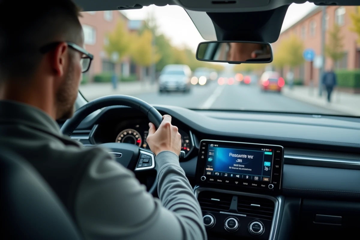 Homme réglant une radio numérique DAB+ sur l'autoradio d'une voiture moderne en milieu urbain