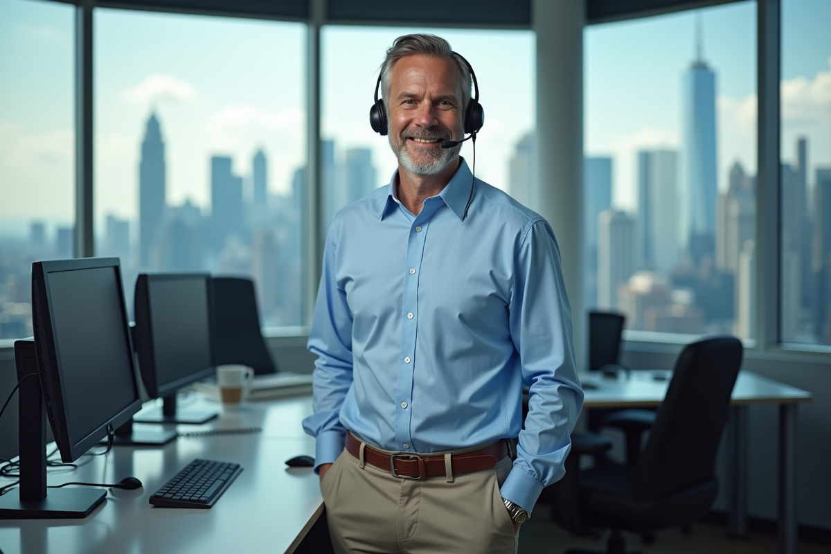 Homme en visioconference dans un bureau moderne en ville
