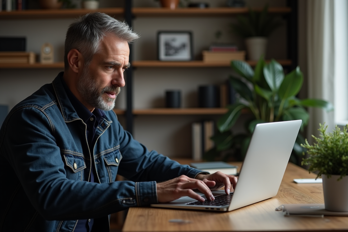 Homme d'âge moyen utilisant un ordinateur dans un bureau cosy
