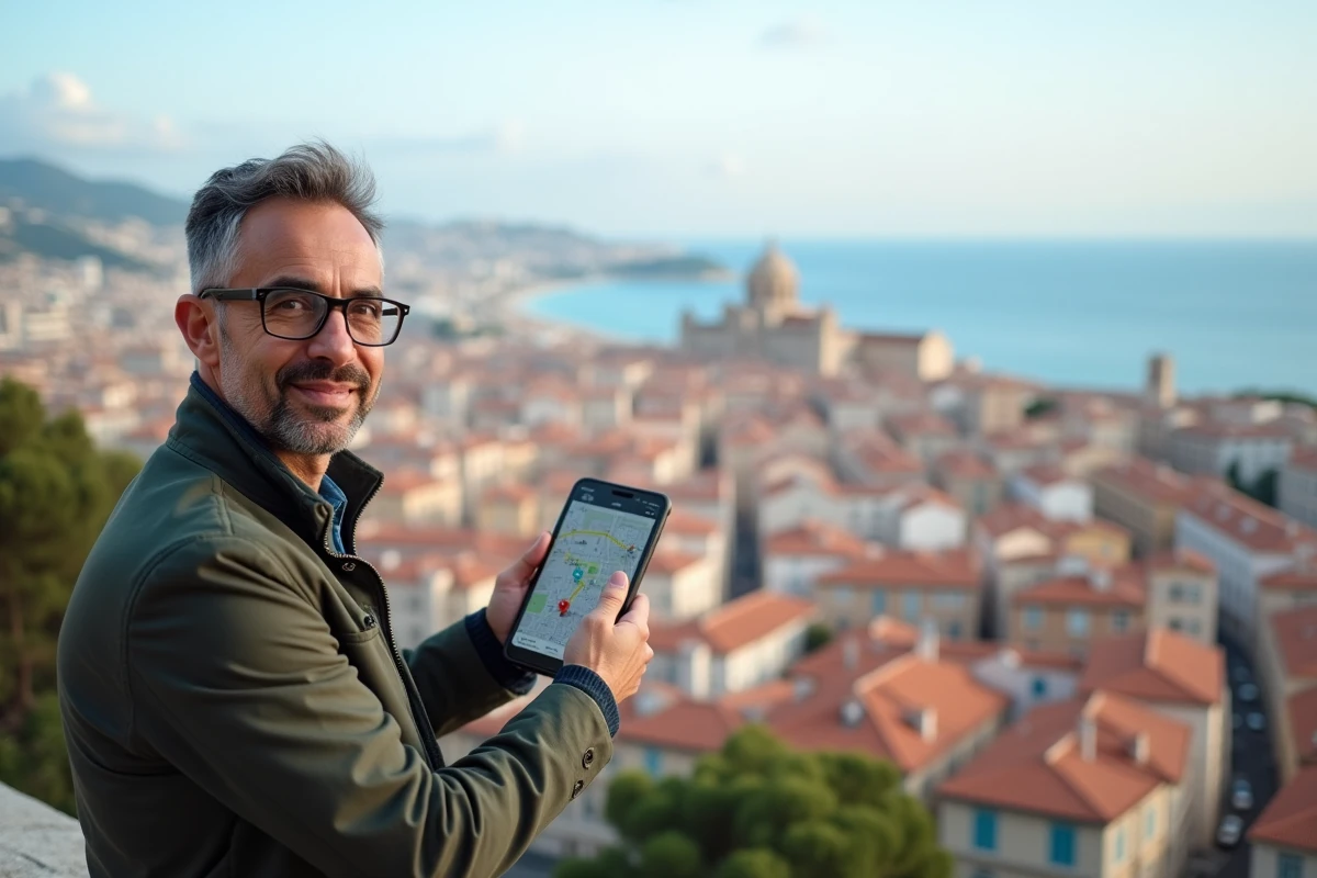 Homme consultant une carte numérique des quartiers de Marseille depuis un belvédère avec panorama sur la ville