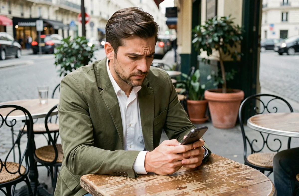 Homme concentré sur une partie de Cemantix sur mobile en terrasse de café en ville