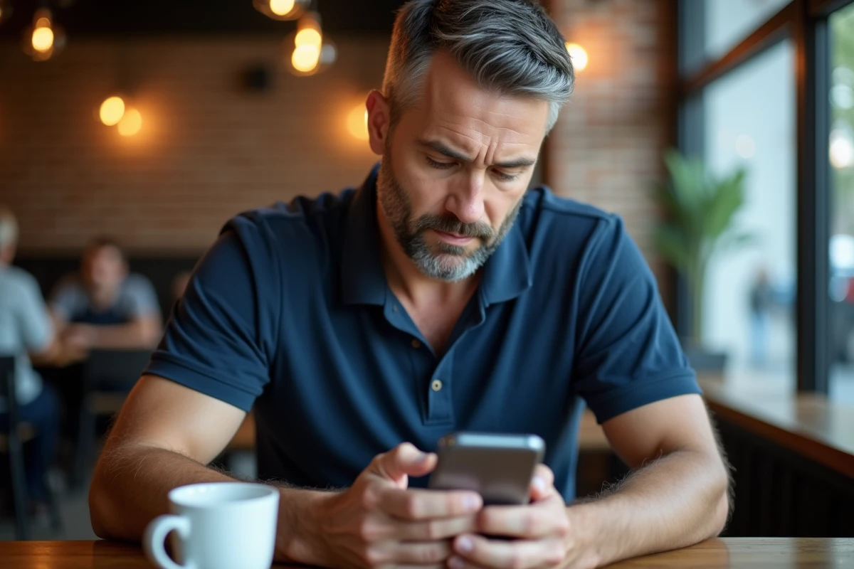 Homme utilisant le chat en ligne comme alternative au numéro de téléphone AliExpress dans un café
