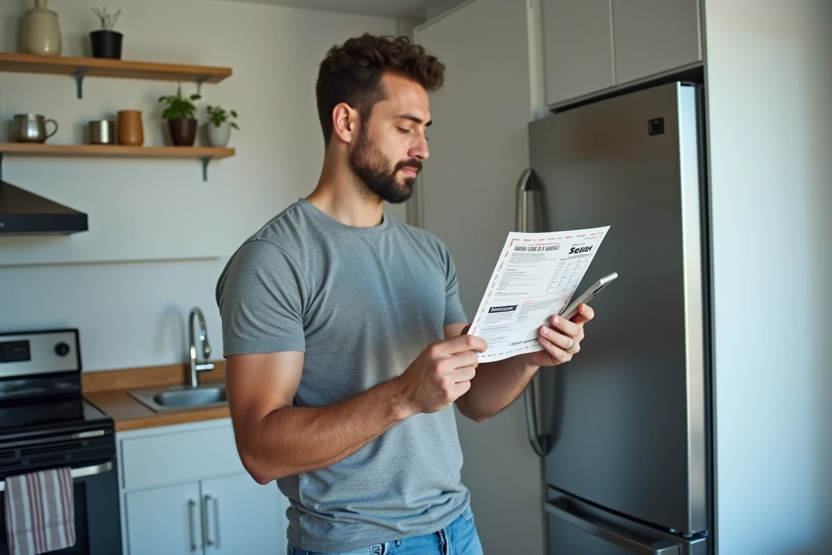 Homme consultant un bon de réduction imprimé devant son réfrigérateur dans une cuisine moderne