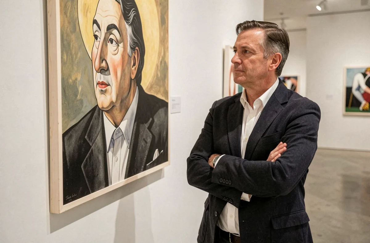 Homme contemplant la reproduction de Ceci n'est pas une pipe de Magritte dans un musée d'art moderne