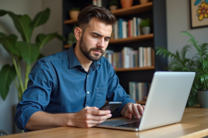 Homme concentré devant son ordinateur pour crypto