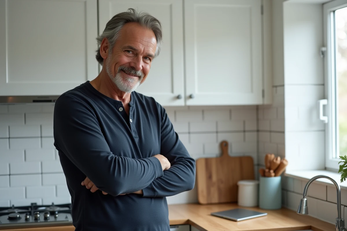 Homme souriant dans une cuisine devant une tablette, incarnant la satisfaction de relever seul le défi quotidien du jeu Pédantix sans recourir à une soluce