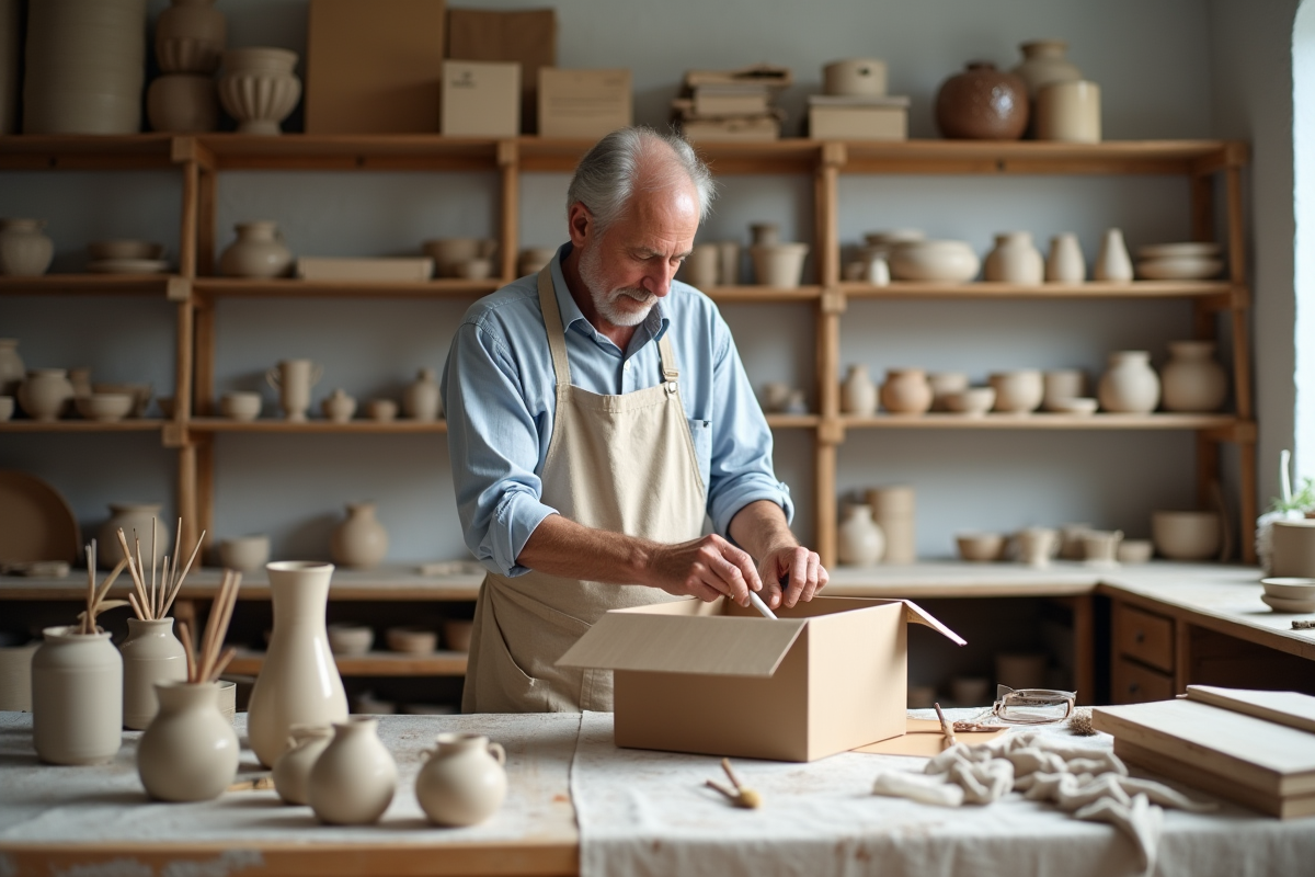 Homme déballant un kit de poterie dans un atelier professionnel