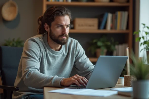 Homme barbu en train de coder à son bureau à domicile