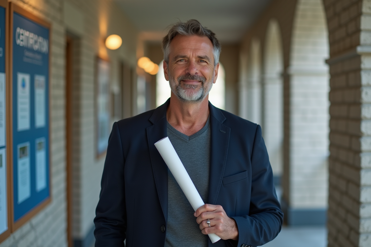 Homme avec diplôme dans un couloir universitaire