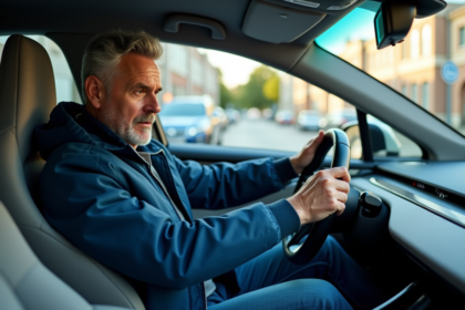 Homme d'âge moyen vérifiant le tableau de bord de sa voiture électrique