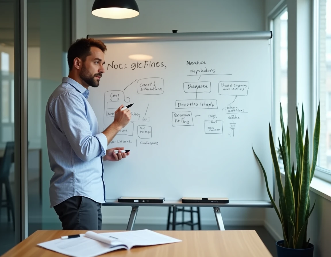 Homme expliquant un concept au tableau blanc dans une salle de réunion moderne