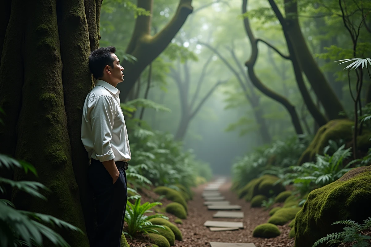 Homme en costume décontracté se ressourçant dans une forêt ancienne, illustrant la quête d'équilibre face au burn-out selon la sagesse chinoise