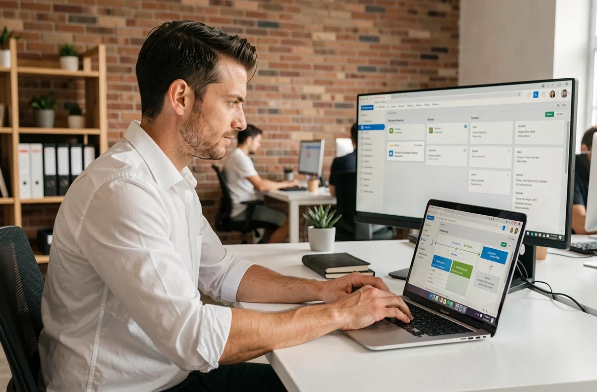 Homme travaillant sur un logiciel de gestion documentaire et d'automatisation des processus dans un espace de coworking
