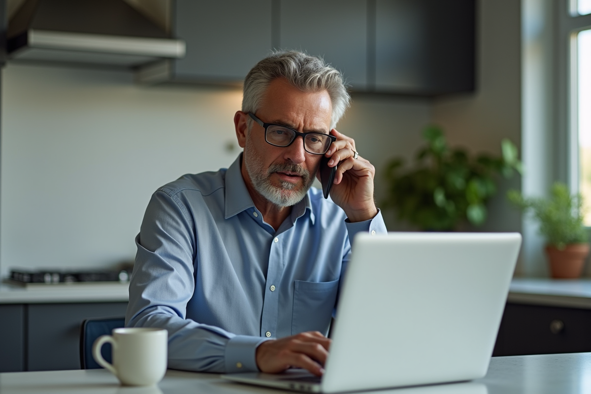 Homme parlant au téléphone dans sa cuisine moderne