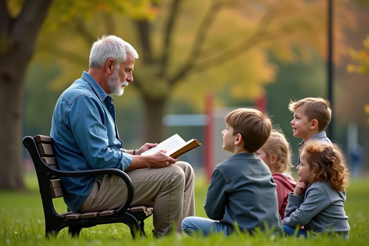 Homme lisant une mythologie grecque à des enfants dans un parc