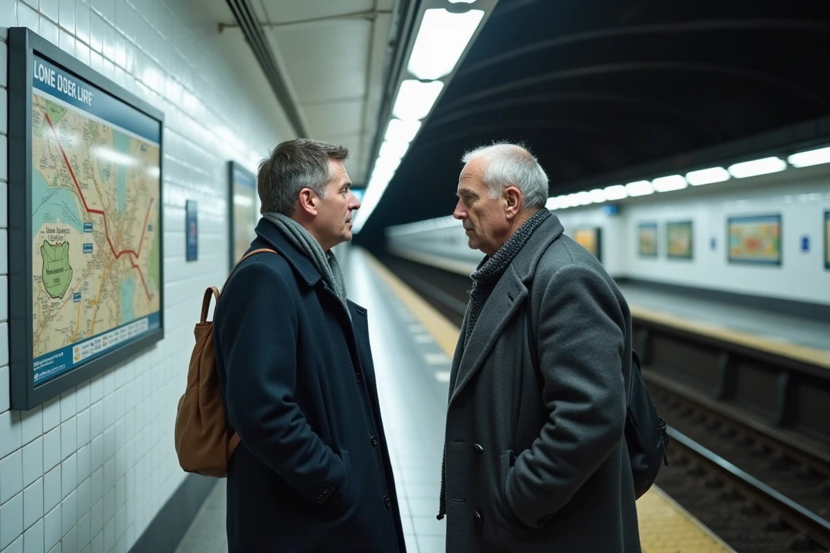 Homme d'âge moyen examinant une carte Ligne 4 dans le métro