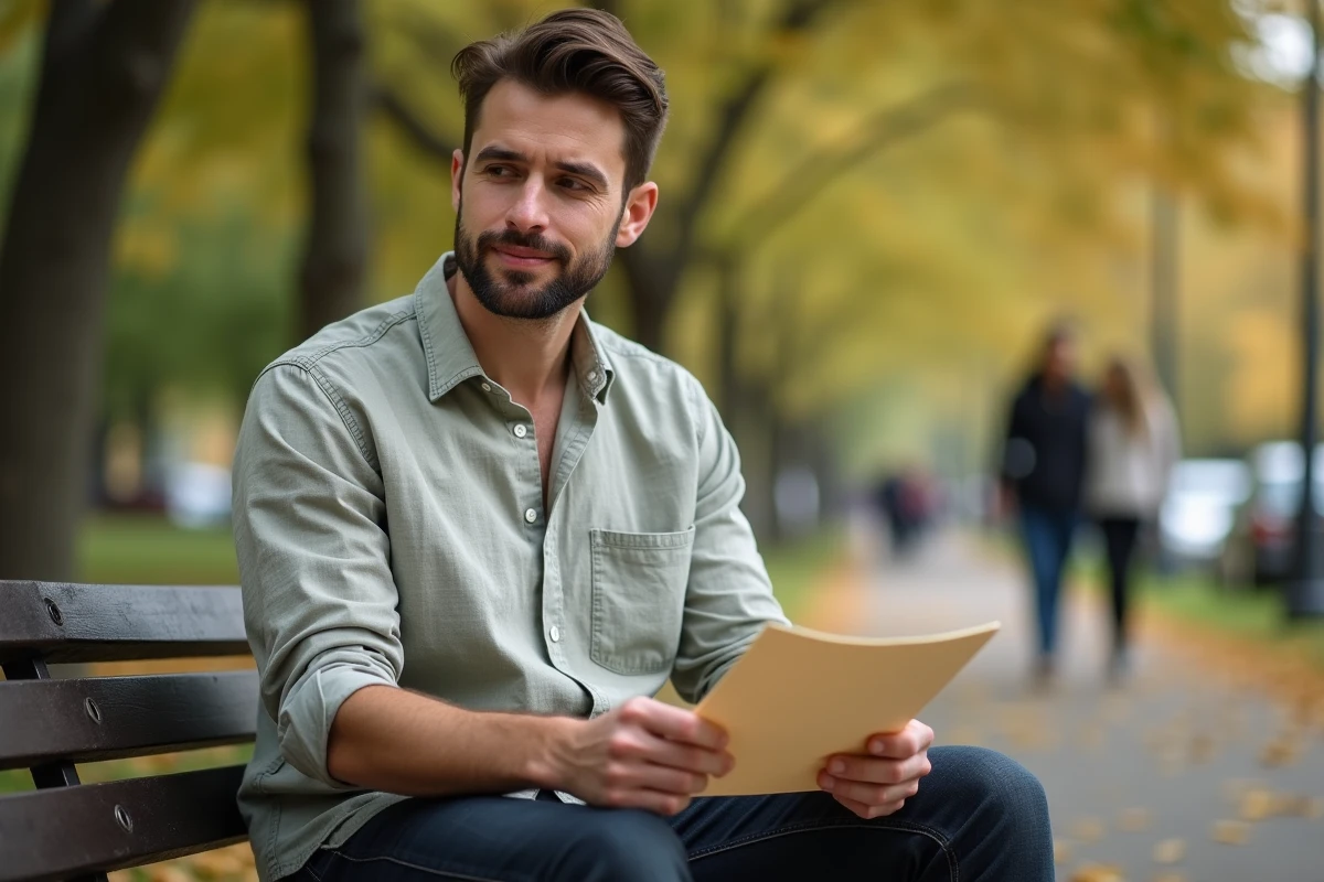 Homme lisant un poème d'amour écrit à la main sur un banc de parc en automne, expression nostalgique et touchante