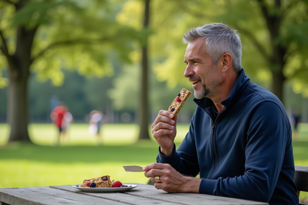 Homme dégustant une barre protéinée en plein air dans un parc
