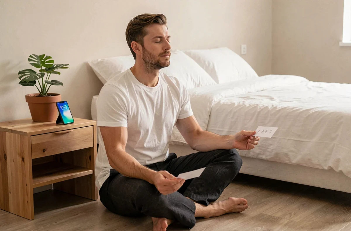 Homme en méditation devant un smartphone affichant 08h08, symbolisant la connexion spirituelle avec sa flamme jumelle