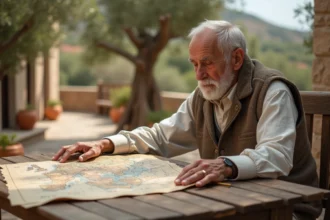 Homme mediteranneen âgé contemplant une carte de migration