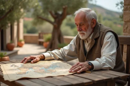 Homme mediteranneen âgé contemplant une carte de migration