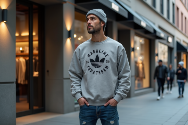 Homme en streetwear devant boutique urbaine moderne