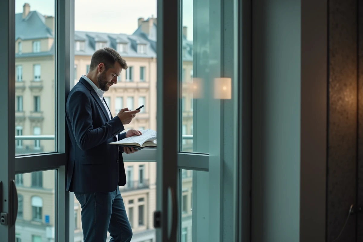Homme d affaires vérifiant prieres sur smartphone au bureau