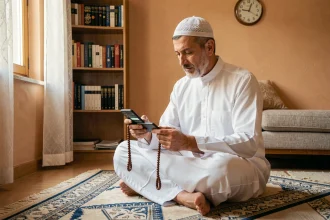 Homme musulman consultant les horaires de prière sur son téléphone à Meaux lors du changement d'heure