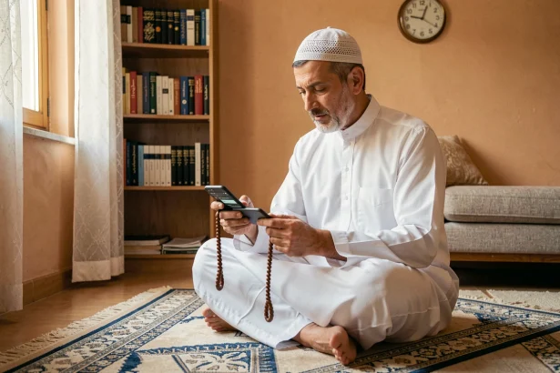 Homme musulman consultant les horaires de prière sur son téléphone à Meaux lors du changement d'heure
