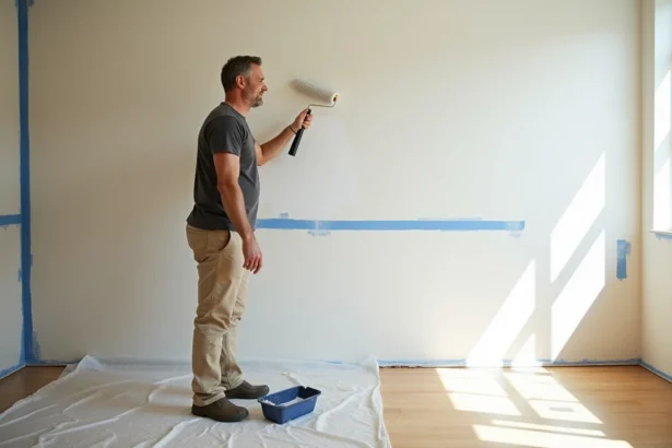 Homme d'âge moyen peignant un mur intérieur blanc